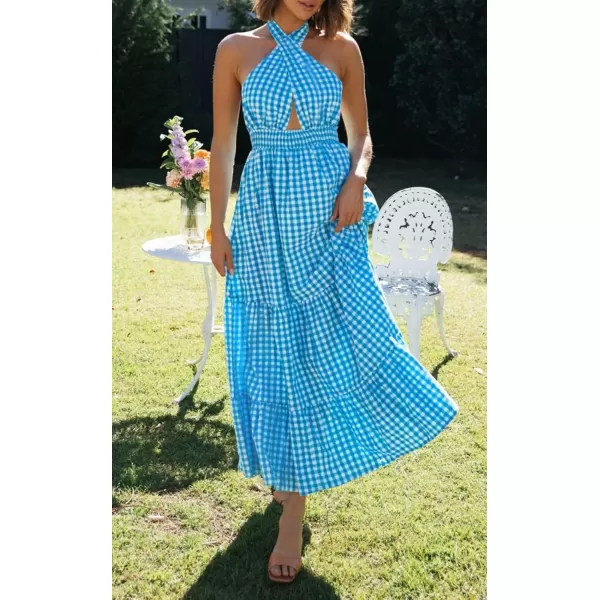 imageZESICA Womens 2024 Summer Crossover Halter Neck Sleeveless Plaid Cut Out Backless Flowy A Line Maxi DressBrightblue