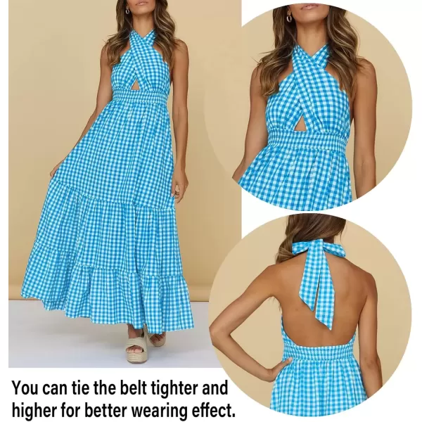 imageZESICA Womens 2024 Summer Crossover Halter Neck Sleeveless Plaid Cut Out Backless Flowy A Line Maxi DressBrightblue