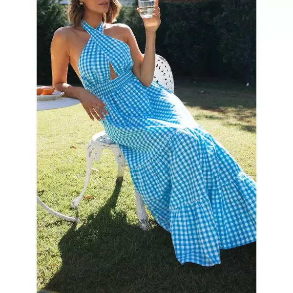 imageZESICA Womens 2024 Summer Crossover Halter Neck Sleeveless Plaid Cut Out Backless Flowy A Line Maxi DressBrightblue