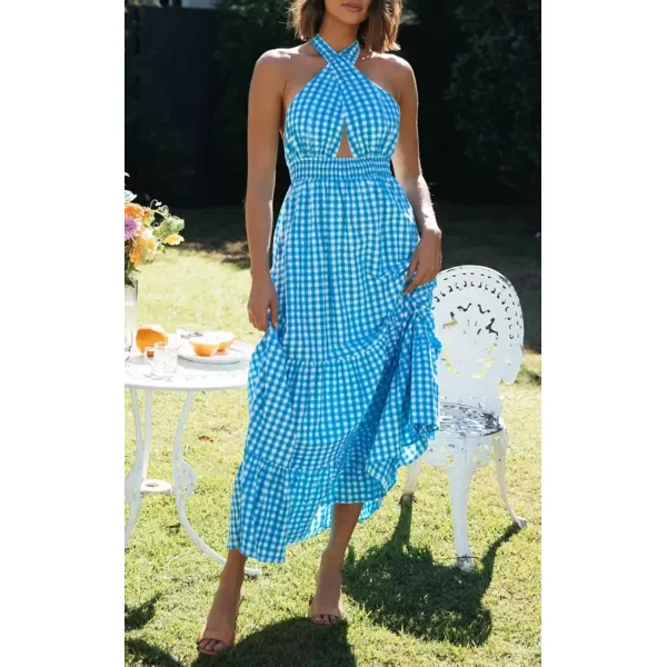 imageZESICA Womens 2024 Summer Crossover Halter Neck Sleeveless Plaid Cut Out Backless Flowy A Line Maxi DressBrightblue
