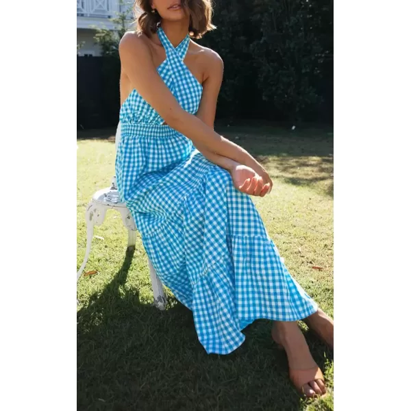 imageZESICA Womens 2024 Summer Crossover Halter Neck Sleeveless Plaid Cut Out Backless Flowy A Line Maxi DressBrightblue