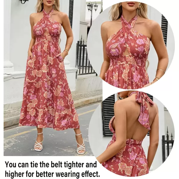 imageZESICA Womens 2024 Summer Crossover Halter Neck Sleeveless Plaid Cut Out Backless Flowy A Line Maxi DressBurntbrick