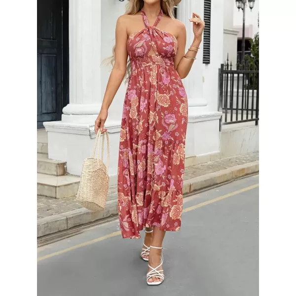 imageZESICA Womens 2024 Summer Crossover Halter Neck Sleeveless Plaid Cut Out Backless Flowy A Line Maxi DressBurntbrick