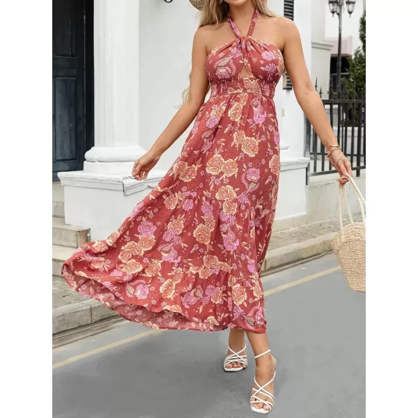 imageZESICA Womens 2024 Summer Crossover Halter Neck Sleeveless Plaid Cut Out Backless Flowy A Line Maxi DressBurntbrick
