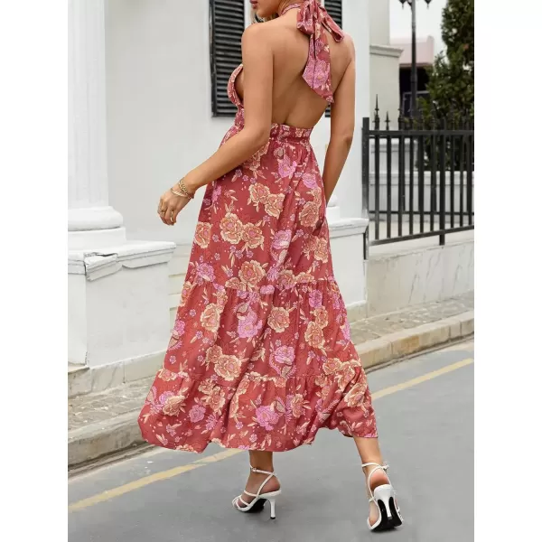 imageZESICA Womens 2024 Summer Crossover Halter Neck Sleeveless Plaid Cut Out Backless Flowy A Line Maxi DressBurntbrick
