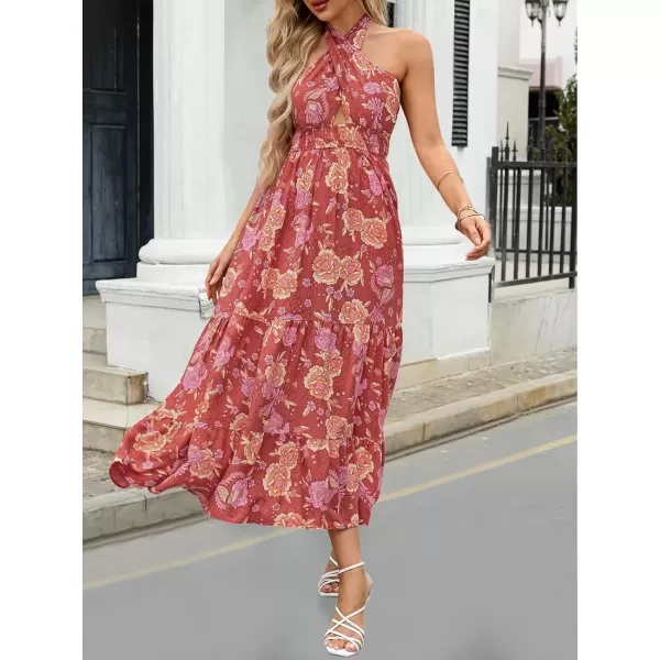 imageZESICA Womens 2024 Summer Crossover Halter Neck Sleeveless Plaid Cut Out Backless Flowy A Line Maxi DressBurntbrick