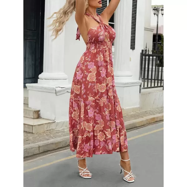 imageZESICA Womens 2024 Summer Crossover Halter Neck Sleeveless Plaid Cut Out Backless Flowy A Line Maxi DressBurntbrick