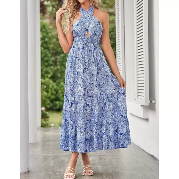 imageZESICA Womens 2024 Summer Crossover Halter Neck Sleeveless Plaid Cut Out Backless Flowy A Line Maxi DressDarkblue