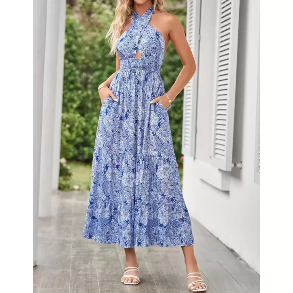 imageZESICA Womens 2024 Summer Crossover Halter Neck Sleeveless Plaid Cut Out Backless Flowy A Line Maxi DressDarkblue