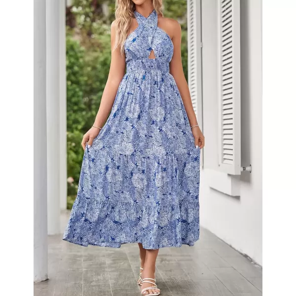 imageZESICA Womens 2024 Summer Crossover Halter Neck Sleeveless Plaid Cut Out Backless Flowy A Line Maxi DressDarkblue