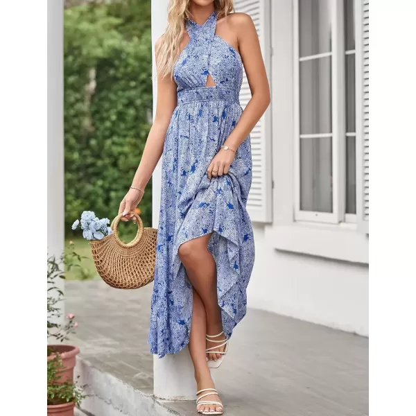 imageZESICA Womens 2024 Summer Crossover Halter Neck Sleeveless Plaid Cut Out Backless Flowy A Line Maxi DressDarkblue