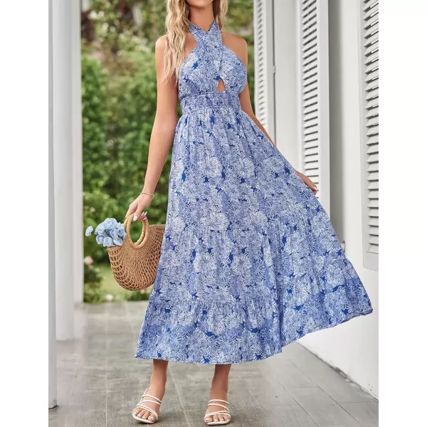imageZESICA Womens 2024 Summer Crossover Halter Neck Sleeveless Plaid Cut Out Backless Flowy A Line Maxi DressDarkblue