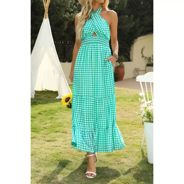 imageZESICA Womens 2024 Summer Crossover Halter Neck Sleeveless Plaid Cut Out Backless Flowy A Line Maxi DressGreen