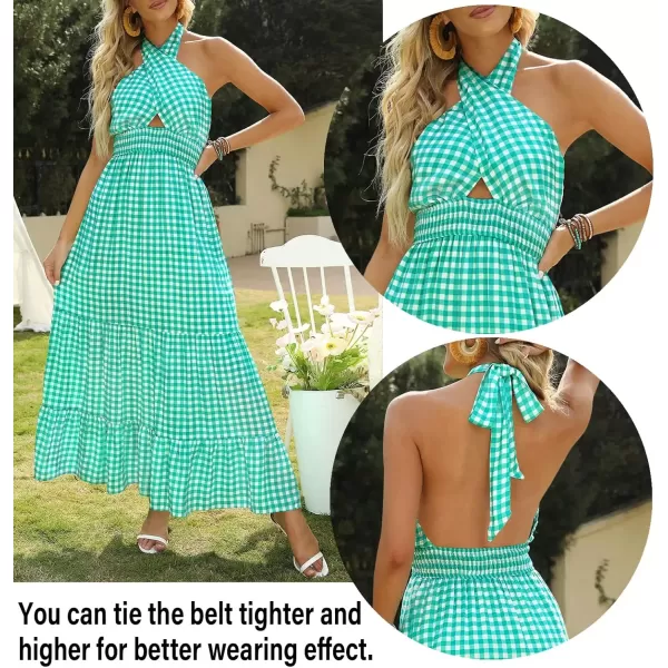 imageZESICA Womens 2024 Summer Crossover Halter Neck Sleeveless Plaid Cut Out Backless Flowy A Line Maxi DressGreen