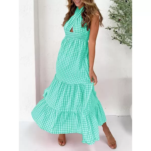 imageZESICA Womens 2024 Summer Crossover Halter Neck Sleeveless Plaid Cut Out Backless Flowy A Line Maxi DressGreen