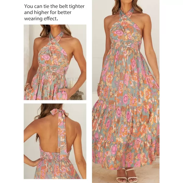imageZESICA Womens 2024 Summer Crossover Halter Neck Sleeveless Plaid Cut Out Backless Flowy A Line Maxi DressGreygreen