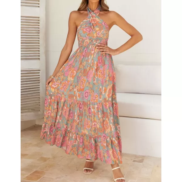 imageZESICA Womens 2024 Summer Crossover Halter Neck Sleeveless Plaid Cut Out Backless Flowy A Line Maxi DressGreygreen