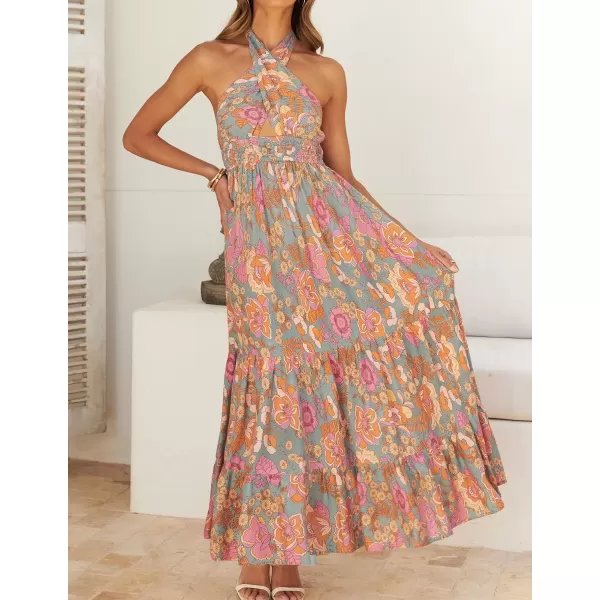 imageZESICA Womens 2024 Summer Crossover Halter Neck Sleeveless Plaid Cut Out Backless Flowy A Line Maxi DressGreygreen