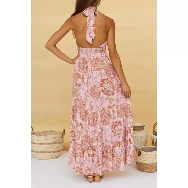 imageZESICA Womens 2024 Summer Crossover Halter Neck Sleeveless Plaid Cut Out Backless Flowy A Line Maxi DressLightbrown