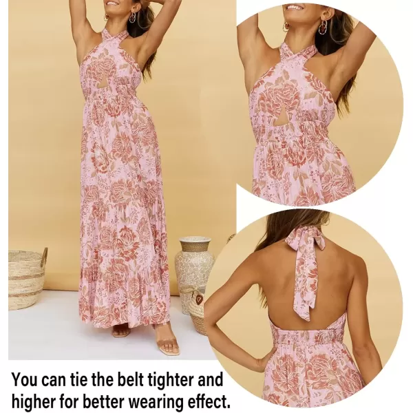 imageZESICA Womens 2024 Summer Crossover Halter Neck Sleeveless Plaid Cut Out Backless Flowy A Line Maxi DressLightbrown