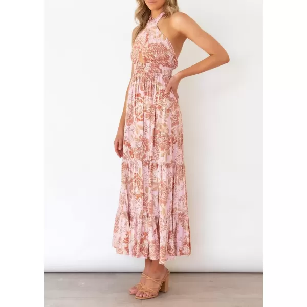 imageZESICA Womens 2024 Summer Crossover Halter Neck Sleeveless Plaid Cut Out Backless Flowy A Line Maxi DressLightbrown