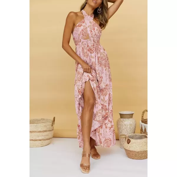 imageZESICA Womens 2024 Summer Crossover Halter Neck Sleeveless Plaid Cut Out Backless Flowy A Line Maxi DressLightbrown