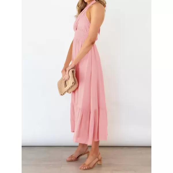 imageZESICA Womens 2024 Summer Crossover Halter Neck Sleeveless Plaid Cut Out Backless Flowy A Line Maxi DressLightpink
