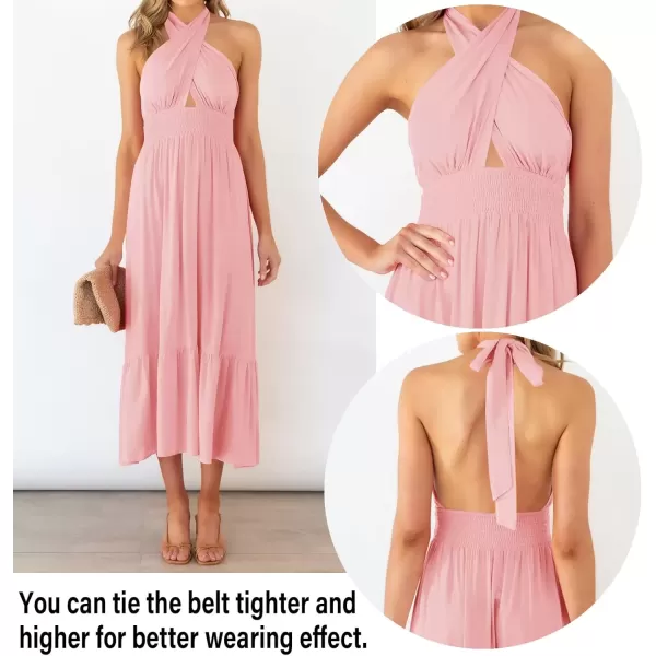 imageZESICA Womens 2024 Summer Crossover Halter Neck Sleeveless Plaid Cut Out Backless Flowy A Line Maxi DressLightpink