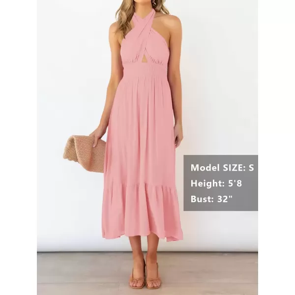 imageZESICA Womens 2024 Summer Crossover Halter Neck Sleeveless Plaid Cut Out Backless Flowy A Line Maxi DressLightpink
