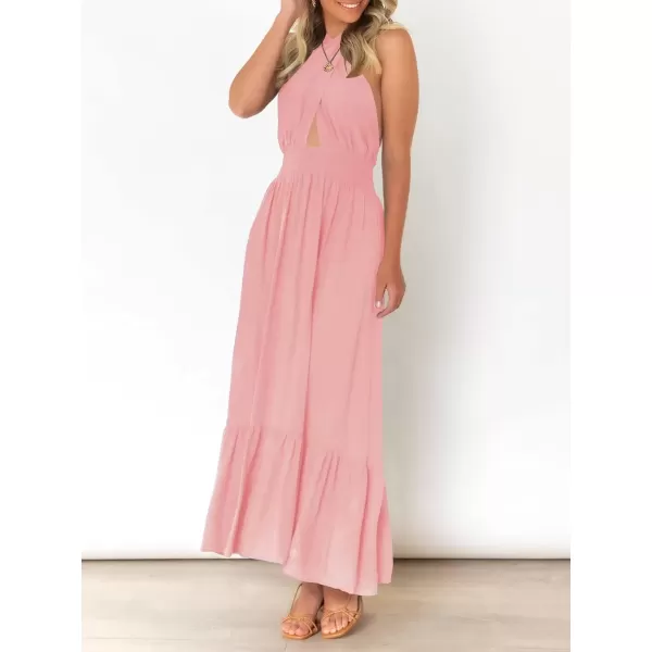 imageZESICA Womens 2024 Summer Crossover Halter Neck Sleeveless Plaid Cut Out Backless Flowy A Line Maxi DressLightpink