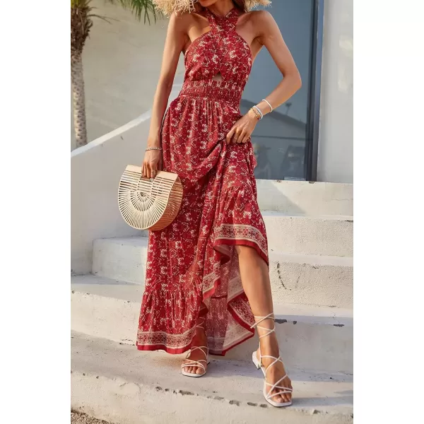 imageZESICA Womens 2024 Summer Crossover Halter Neck Sleeveless Plaid Cut Out Backless Flowy A Line Maxi DressLycheered