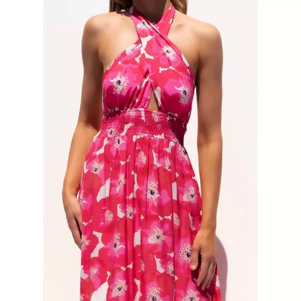imageZESICA Womens 2024 Summer Crossover Halter Neck Sleeveless Plaid Cut Out Backless Flowy A Line Maxi DressMagenta