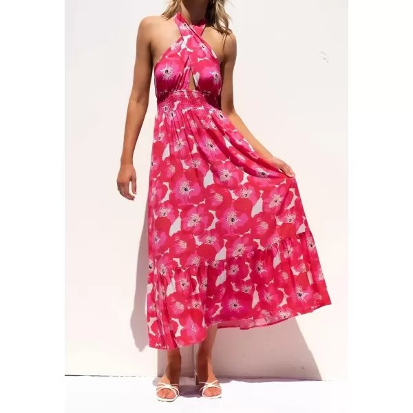 imageZESICA Womens 2024 Summer Crossover Halter Neck Sleeveless Plaid Cut Out Backless Flowy A Line Maxi DressMagenta