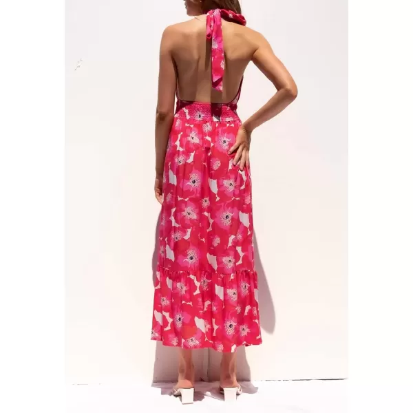 imageZESICA Womens 2024 Summer Crossover Halter Neck Sleeveless Plaid Cut Out Backless Flowy A Line Maxi DressMagenta