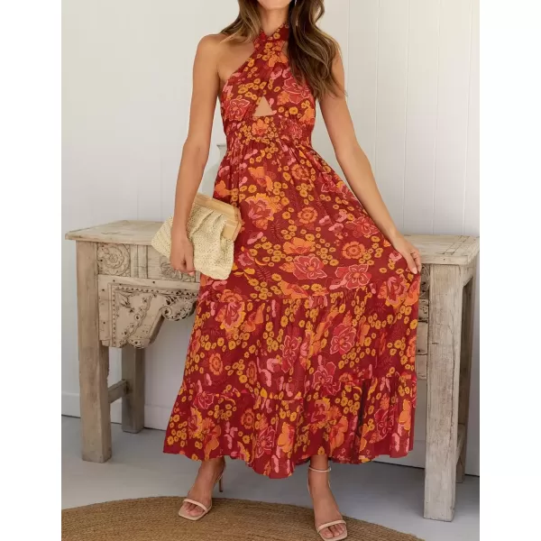 imageZESICA Womens 2024 Summer Crossover Halter Neck Sleeveless Plaid Cut Out Backless Flowy A Line Maxi DressOrangerust
