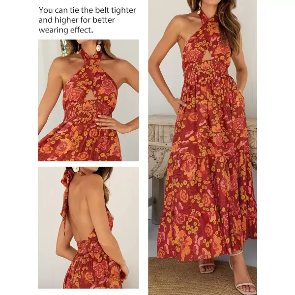imageZESICA Womens 2024 Summer Crossover Halter Neck Sleeveless Plaid Cut Out Backless Flowy A Line Maxi DressOrangerust