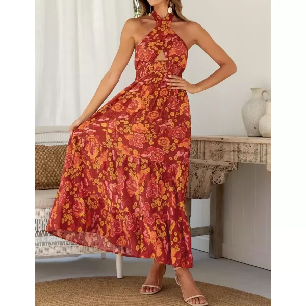 imageZESICA Womens 2024 Summer Crossover Halter Neck Sleeveless Plaid Cut Out Backless Flowy A Line Maxi DressOrangerust