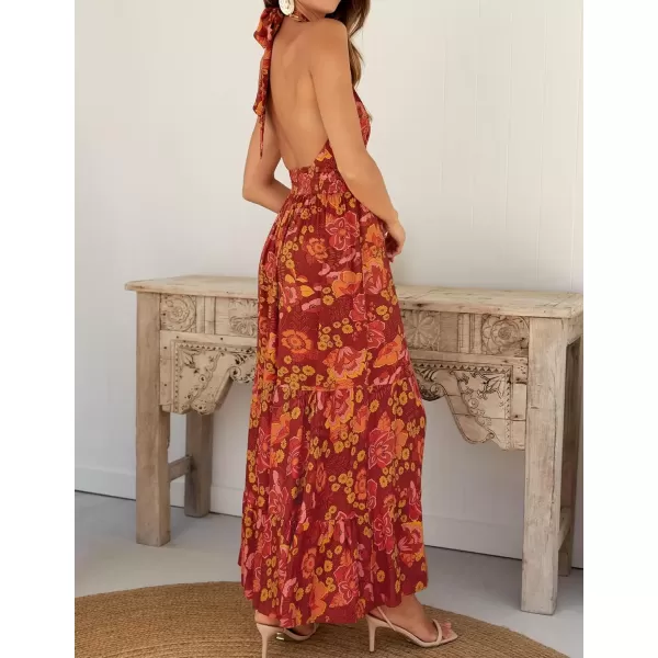 imageZESICA Womens 2024 Summer Crossover Halter Neck Sleeveless Plaid Cut Out Backless Flowy A Line Maxi DressOrangerust