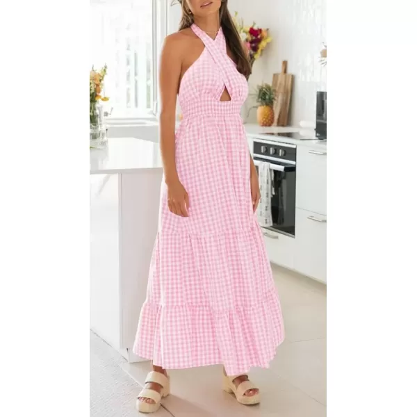 imageZESICA Womens 2024 Summer Crossover Halter Neck Sleeveless Plaid Cut Out Backless Flowy A Line Maxi DressPink