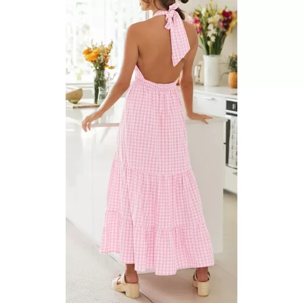 imageZESICA Womens 2024 Summer Crossover Halter Neck Sleeveless Plaid Cut Out Backless Flowy A Line Maxi DressPink