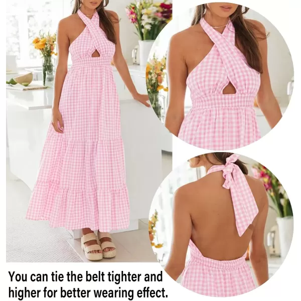 imageZESICA Womens 2024 Summer Crossover Halter Neck Sleeveless Plaid Cut Out Backless Flowy A Line Maxi DressPink