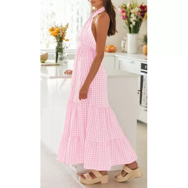 imageZESICA Womens 2024 Summer Crossover Halter Neck Sleeveless Plaid Cut Out Backless Flowy A Line Maxi DressPink