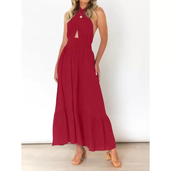 imageZESICA Womens 2024 Summer Crossover Halter Neck Sleeveless Plaid Cut Out Backless Flowy A Line Maxi DressRed