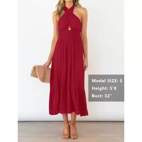 imageZESICA Womens 2024 Summer Crossover Halter Neck Sleeveless Plaid Cut Out Backless Flowy A Line Maxi DressRed