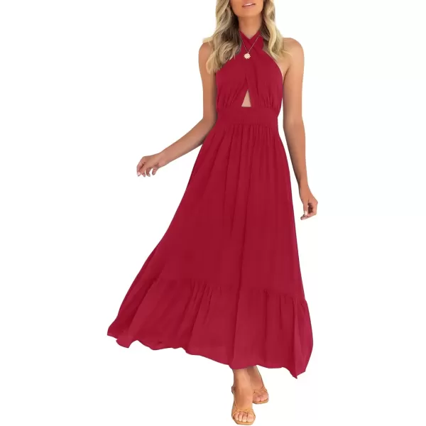 imageZESICA Womens 2024 Summer Crossover Halter Neck Sleeveless Plaid Cut Out Backless Flowy A Line Maxi DressRed