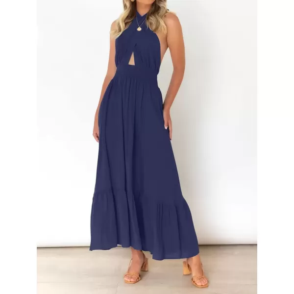 imageZESICA Womens 2024 Summer Crossover Halter Neck Sleeveless Plaid Cut Out Backless Flowy A Line Maxi DressRoyalblue