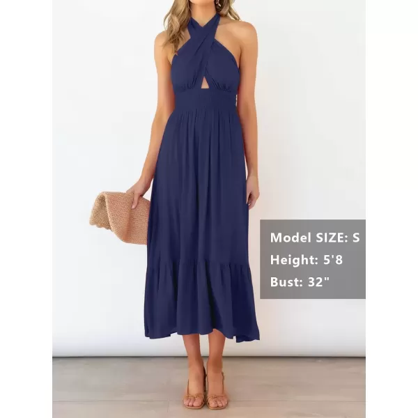 imageZESICA Womens 2024 Summer Crossover Halter Neck Sleeveless Plaid Cut Out Backless Flowy A Line Maxi DressRoyalblue