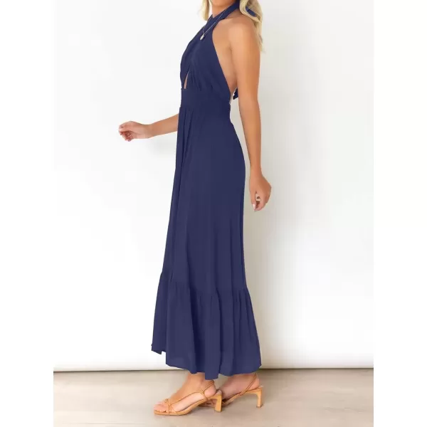 imageZESICA Womens 2024 Summer Crossover Halter Neck Sleeveless Plaid Cut Out Backless Flowy A Line Maxi DressRoyalblue