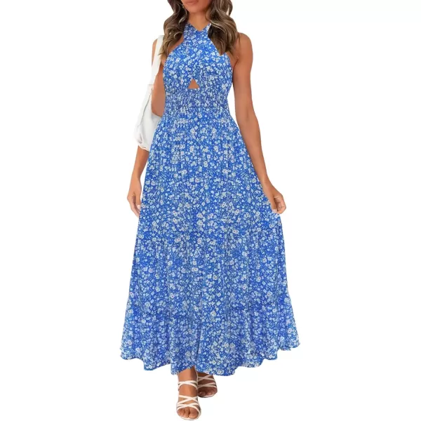 imageZESICA Womens 2024 Summer Crossover Halter Neck Sleeveless Plaid Cut Out Backless Flowy A Line Maxi DressSkyblue