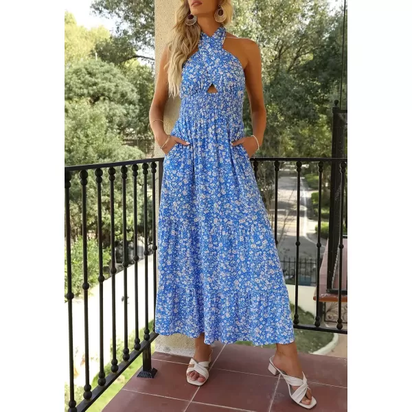 imageZESICA Womens 2024 Summer Crossover Halter Neck Sleeveless Plaid Cut Out Backless Flowy A Line Maxi DressSkyblue